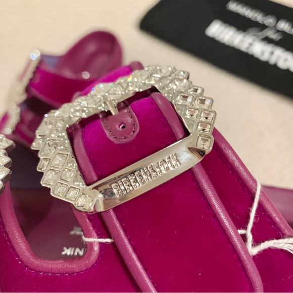 Fuchsia Pink Purple Arizona Crystal Buckle Velvet 2-Band Sandals - Picture 10 of 13